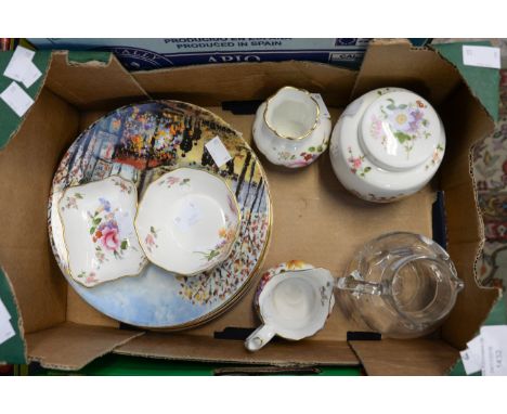 Royal Crown Derby posies ginger, pin tray, jar, jug/sugar bowl vase; together with four decorative plates, etc (10) a glass 1