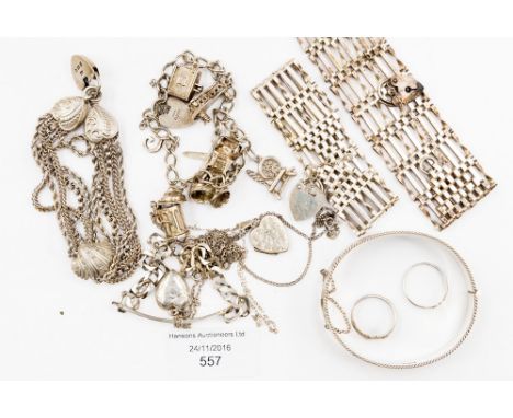Silver jewellery to include charm bracelet, rings, bangle and chains, gate bracelet (2) and a Victorian bracelet, 5.44 ozt, 1