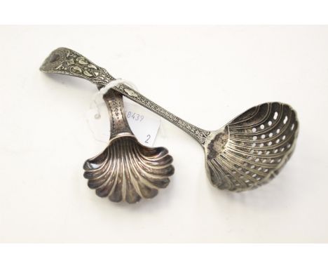 A George III shell shaped bowl, caddy spoon Peter & Ann Bateman London 1797, together with a Victorian EPNS dredging spoon, a