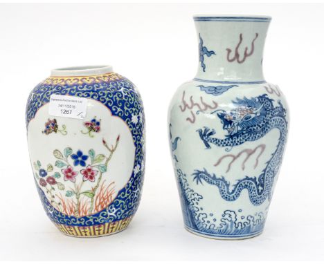 An early Chinese 20th century Fencai vase, with a dragon vase which has been drilled for a lamp base (2)