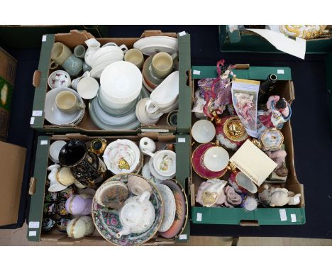 Three boxes of assorted ceramics and glassware, including novelty egg ornaments, Russian style trinket boxes, Capo di Monte, 