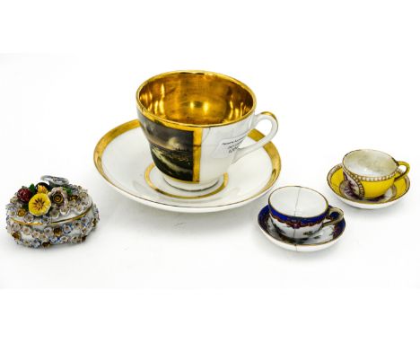 Two Meissen miniature cups and saucers, with a KPM cup and saucer (all af) and a Continental trinket pot and cover (7) 