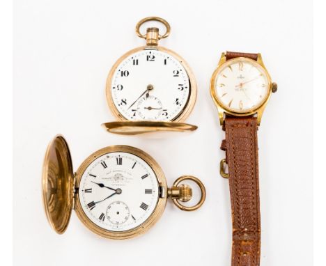 A Dennison rolled gold Hunter pocket watch (af); an Elgin gold plated Hunter watch; a gentlemen's Newmark wristwatch (3) 