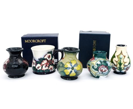 Four modern Moorcroft squat vases, various pattern including boxed Holly pattern vase signed by Philip Gibson, vase, 8cms, to