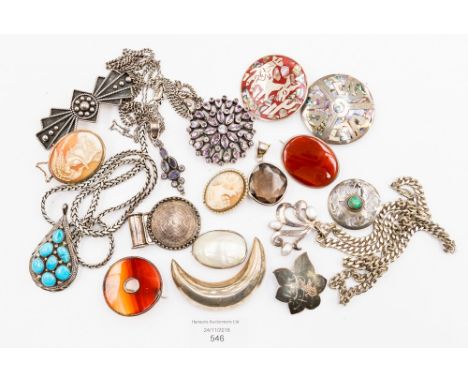 A collection of ethnic and vintage silver jewellery together with cameos Morpean and antique agate brooches silver approx 9.6