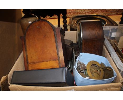 One box of mantle clocks, some in working order, some restoration projects, including a Bakelite clock 