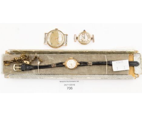 A 9ct ladies Rotary wristwatch, a 1950s gents Smiths wristwatch head and a ladies 1930s Medana watch watch head 