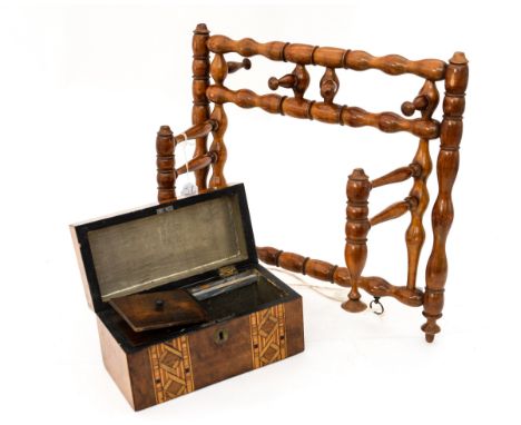 A mahogany, bobbin turned lawyers wig holder/stand. with an inlaid tea caddy (2) 