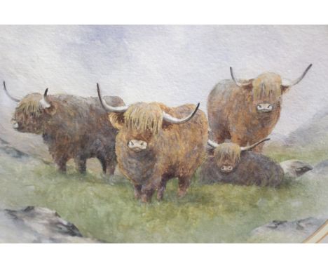 Hughes, Christopher (Royal Worcester Artist)Highland cattlesigned, oval watercolour25cm by 30cmframed