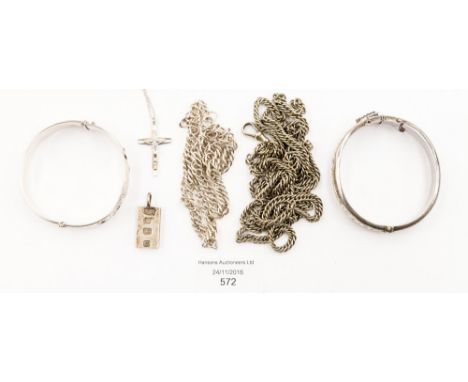 A small quantity of silver jewellery to include two bangle, Albert chain and necklaces 