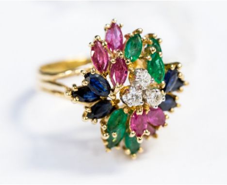 A 14ct gold cluster ring set with sapphire, emerald, ruby and diamond 