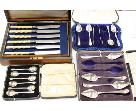 A boxed set of six silver coffee spoons, George VI, Sheffield 1937, 40.3 grams approx; together with a part set of Grapefruit