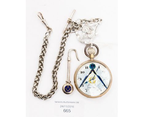 Masonic interest - a pocket watch with dial of Masonic icons, a bib holder; together with a silver 0.925 Masonic medallion on