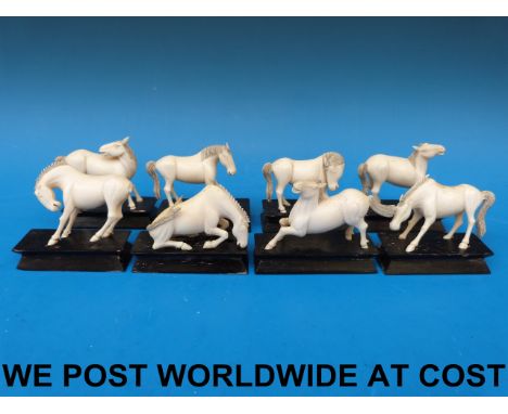 Eight Chinese carved natural ivory figures of horses of Wu. (All 6.5cm high, 7cm wide)