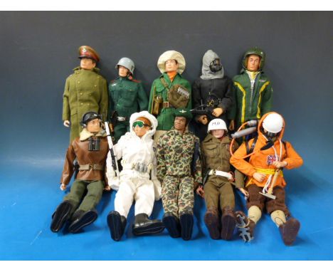 Ten Action Man figures, Jungle Explorer, Tank Commander, SAS Commander, High Altitude Mountaineer, US Military Police, Ski Pa