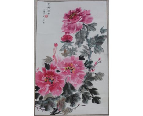 A Chinese scroll picture of pink flowers entitled 'Luo Yang Peony Miss Qing year 1985' ink on paper (41.5cm x 67cm)
