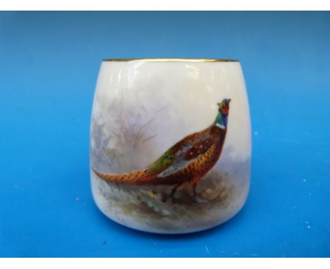 A Royal Worcester vase (shape no 866) with hand-painted cock pheasant by James Stinton (6.5cm tall) 