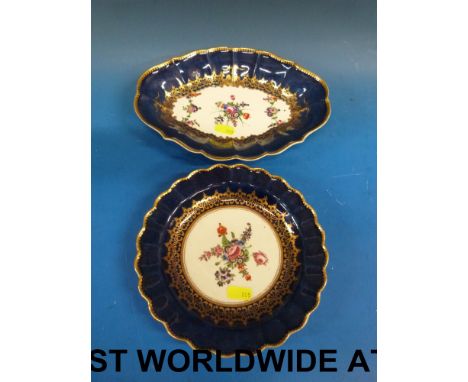 An early Worcester plate c1765 and an early Worcester oval dish c1765 with floral decoration and open crescent mark to base