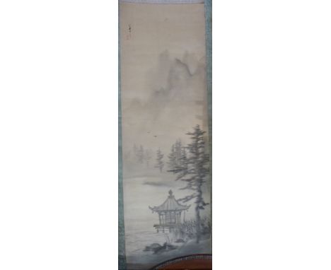 A Hu Nan Chinese scroll picture of a pagoda and landscape, ink on silk with inscription and two seals (132cm x 42cm)