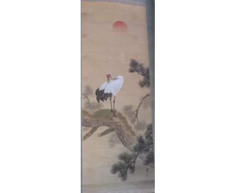 Chinese scroll picture of a heron on a pine tree, ink on silk with inscription and seal 113cm x 41cm