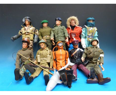 Ten Action Man figures, Space Ranger Captain, Polar Explorer, Basic Soldier, first version Army Medic, Orange Frogman, Royal 
