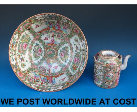 A Chinese Canton famille rose punch bowl together with a Canton famille rose picnic teapot