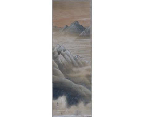 A Chinese scroll picture of mountains, ink on silk with inscription and seal (126cm x 42cm)