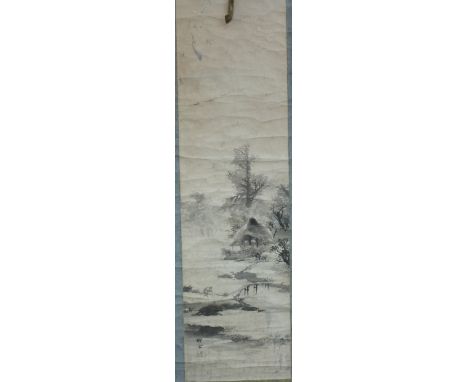 A Chinese scroll picture of a sage and landscape, ink on paper with inscription and seal  (146cm x 39cm)