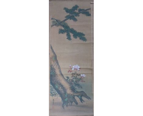 A Chinese scroll picture of a flower and pine tree, ink on silk with inscription and two seals (93cm x 34cm)