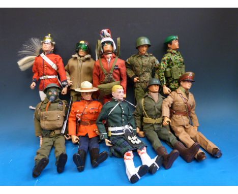 Ten Action Man figures, Tommy Gun Paratrooper, US Machine Gunner, Royal Marines Combat, Argyle and Sutherland Highlanders, SO