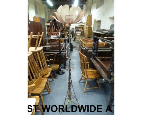 A brass and copper standard lamp in the manner of Benson with floral shade height 188cm