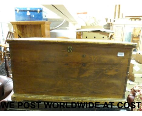 A 19thC pine travelling trunk with handles to ends (width 79cm, depth 44cm, height 42cm)