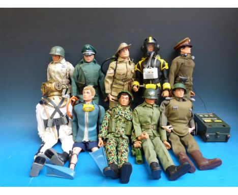 Ten Action Man figures, Field Commander, Weapons Support, Underwater Explorer, American Paratrooper, Underwater Assault, Aust