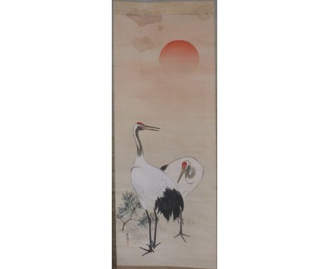 A Zhao Yo Fang Chinese scroll picture of two white herons, ink on silk, with inscription and seal (125cm x 50cm)