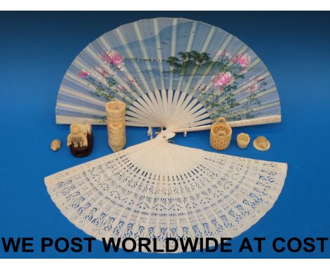 Two Chinese bone / ivory fans together with other ivory items