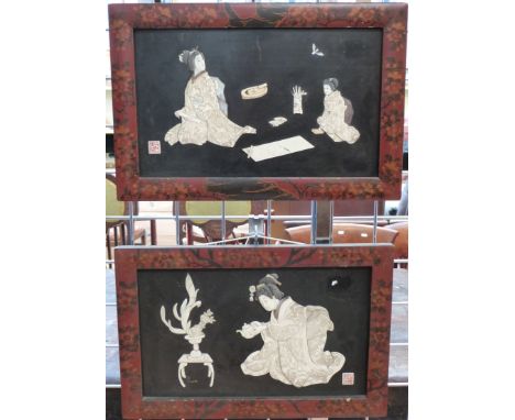 A pair of Japanese framed Shibayama panels with inlaid mother of pearl, ivory and bone scenes of geishas 