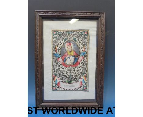 A fine 19thC cut paper and watercolour portrait titled St Nicolaus 25x15cm