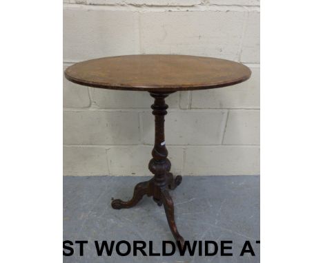 A late 19thC walnut inlaid oval occasional table with spiral decoration to central support and raised on tripod feet (maximum