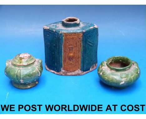Two small Chinese Ming dynasty green glazed pots together with a blue and orange glazed tea caddy