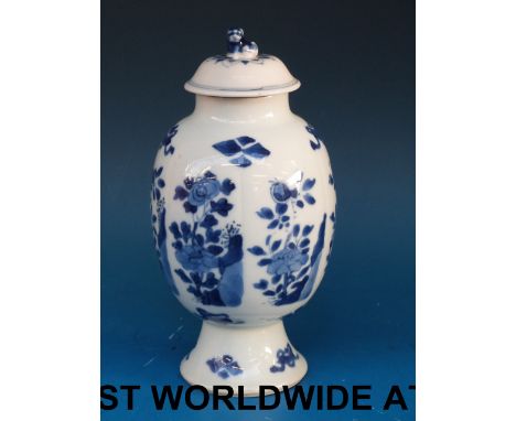 A Chinese blue and white tea caddy decorated with auspicious symbols etc (19cm tall)