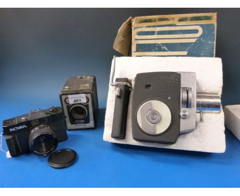 A boxed Rollsmat Zoom 8EE camera together with a Brownie model D camera and Inovar camera