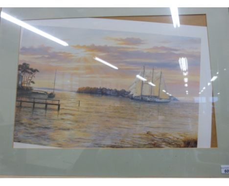 Three Keith Cast limited edition prints, one with sailing ship and island (possibly Poole) the others bluebells in landscapes