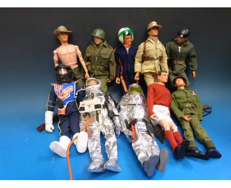 Ten Action Man figures, Africa Corps, Helicopter Pilot, Australian Desert Fighter, Footballer, First Issue Crash Crew, Space 