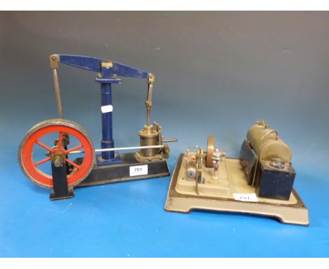 A freelance live steam beam engine with approx 12.5cm flywheel, together with a Fleshmann stationary steam engine with imitat
