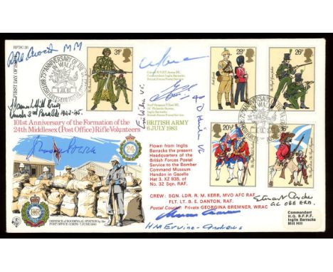 1983 Army RFDC FDC with 7 extra signatures incl. 3 VCs, Enoch Powell, etc. Address label, fine. 