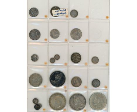 Silver coins on album page incl. George II, George III, 1887 Double Florin, 1889, 1935 &amp; 1937 Crowns, etc. (21)