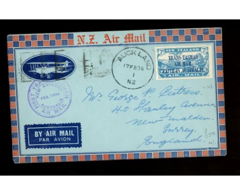 1934 Trans-Tasman Air Mail 7d light blue (SG 554) on 1934 First Trans-Tasman Air Mail Flight cover. Stamp not tied to cover, 