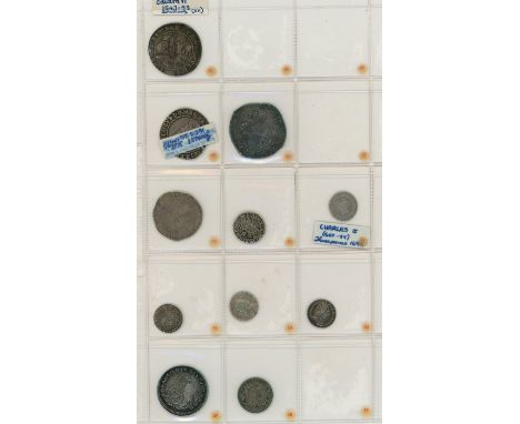 Edward VI, James I, Charles II &amp; later silver coins on album page (11)