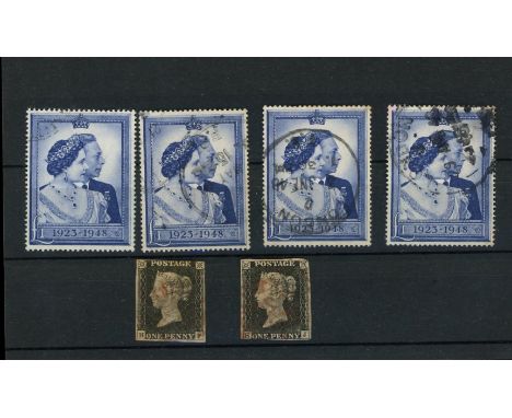 1840 1d black, H-F, 3 margins &amp; H-J, cut into at bottom left, both F/U with red maltese crosses &amp; 1948 Silver Wedding
