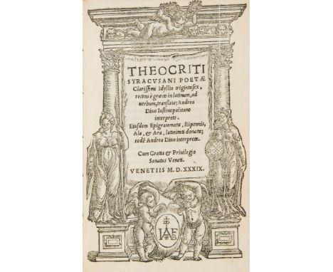 [Theocritus. - Eidyllia], Greek text, lacks title and other preliminaries, large device at end, occasional notes, [not in Ada